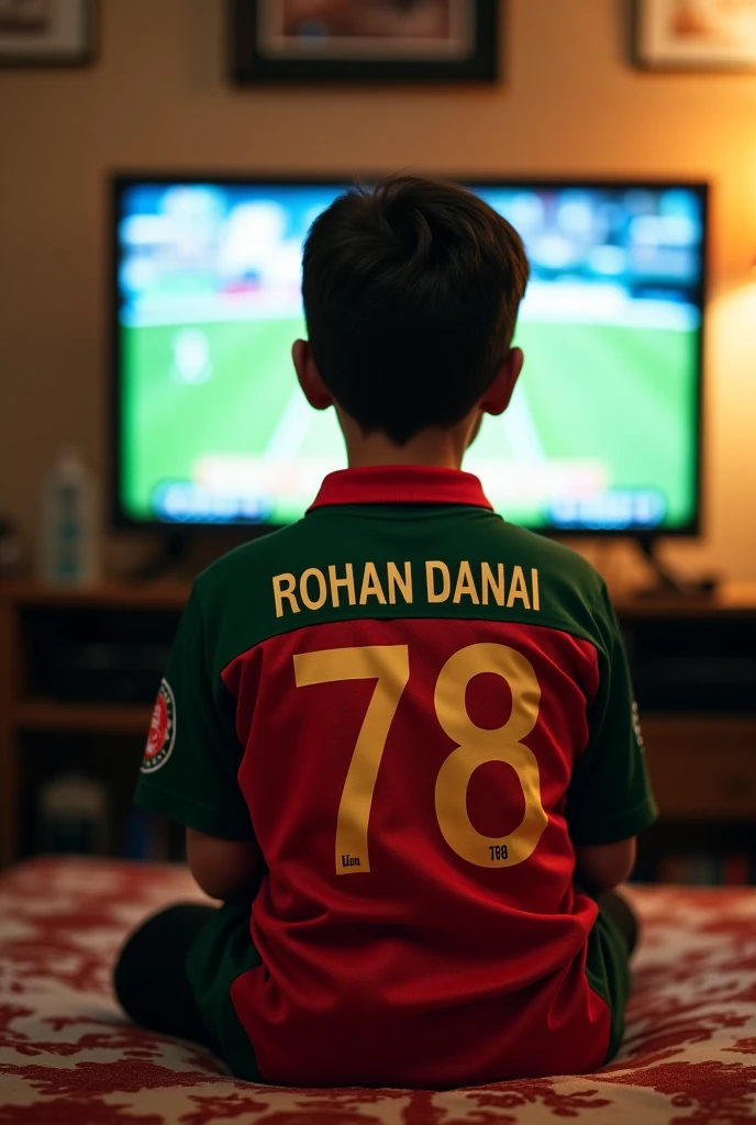 A boy wearing cricket jersey with jersey number 47 and the name Azan written on the back side of shirt, sitting on the chair near bed in room, hanging Pakistani team tshirt on the wall watching cricket match on tv