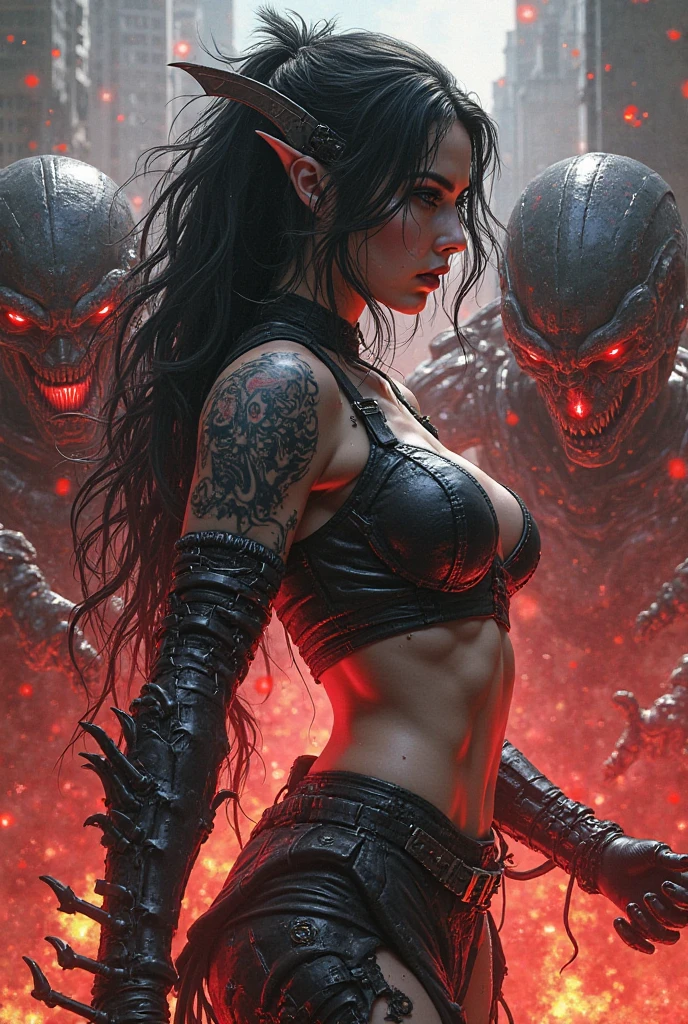 1 female alien, The predator, (extremely beautiful:1.2), (intense gaze:1.4), (predator:1.1), long dark claws, (NSFW:1), nipples, thick eyebrows, (She has shining pink eyes:1.2), the most beautiful face in the universe, jet black hair, symmetrical beautiful eyes, hyper detailed eyes,
A woman predator with an extremely beautiful face, her intense gaze fixed on her prey, a primal force that could not be denied.
(beautiful lean body:1.5), (muscular build:1.2), (prowling:1.3), (sleek movements:1.4)
Her beautiful body, muscular and toned, moved with sleek grace as she prowled, ready to strike at a moment's notice. The predator within her was always on,
cinematic drawing of characters, ultra high quality model, cinematic quality, detail up, (Intricate details:1.2), High resolution, High Definition, drawing faithfully, Official art, Unity 8K wall , 8K Portrait, Best Quality, Very High resolution, ultra detailed artistic photography,