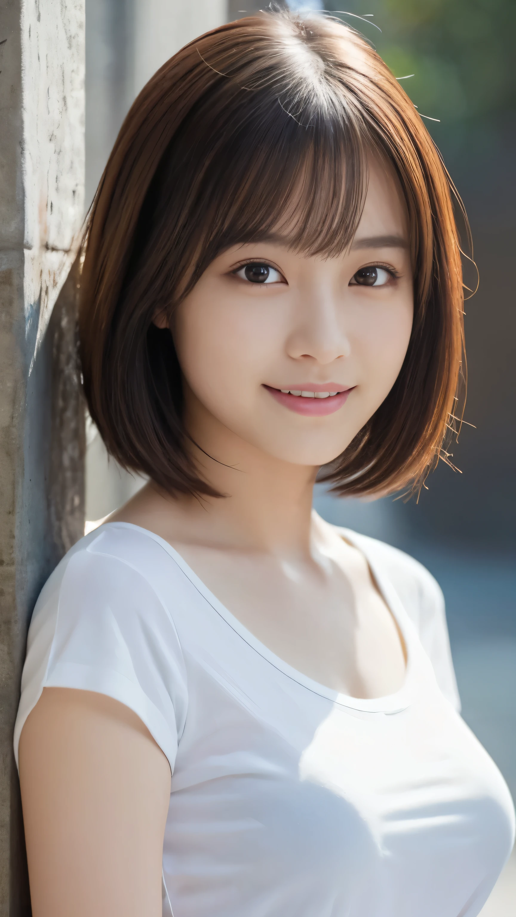 1 girl, Beautiful Japanese actresses, (RAW Photos, highest quality), (realistic, photorealistic:1.4), masterpiece, Very delicate and beautiful, Very detailed, wonderful, finely, Very detailed CG Unity 8k wall paper, Very detailed, High resolution, Soft Light, Beautiful detailed girl, Very detailed eye and face, Beautiful and detailed nose, Beautiful and detailed, looking at the camera、Perfect Anatomy, Slender body, smile, age 15, (bigger breasts:1.8、white t-shirt at the waist:1.5、short hair、tight waist、crotch)