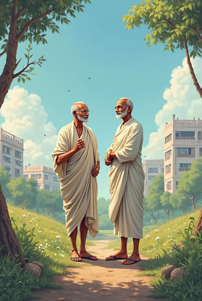 I want to create an image of pandit Rajkumar Shukla in discussion with Mahatma Gandhi during champaran satyagraha in India. Pandit Rajkumar shulka persuaded Gandhi ji to come to champaran which is in bihar and protest against Britishers as they tortured the local farmers