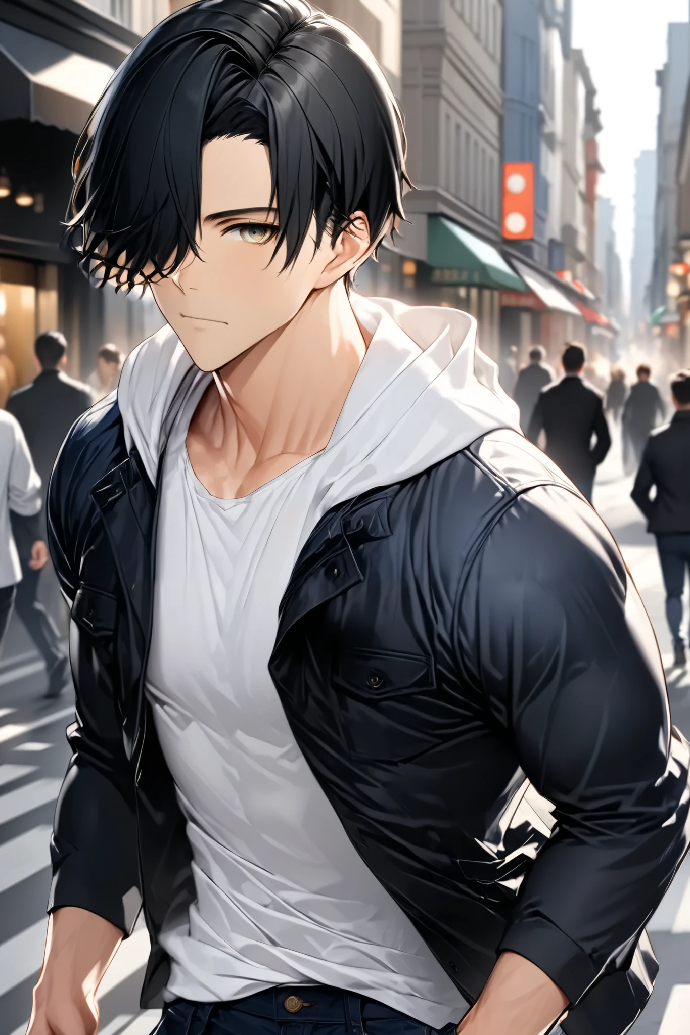 1 male, handsome male, young adult man "Asuka", short black hair, golden eyes, long black jacket, white t-shirts, black pants, character's right hand in pocket, walking, on the street, background blur (motion blur (1:60)), busy streets, front view, Fierce looks