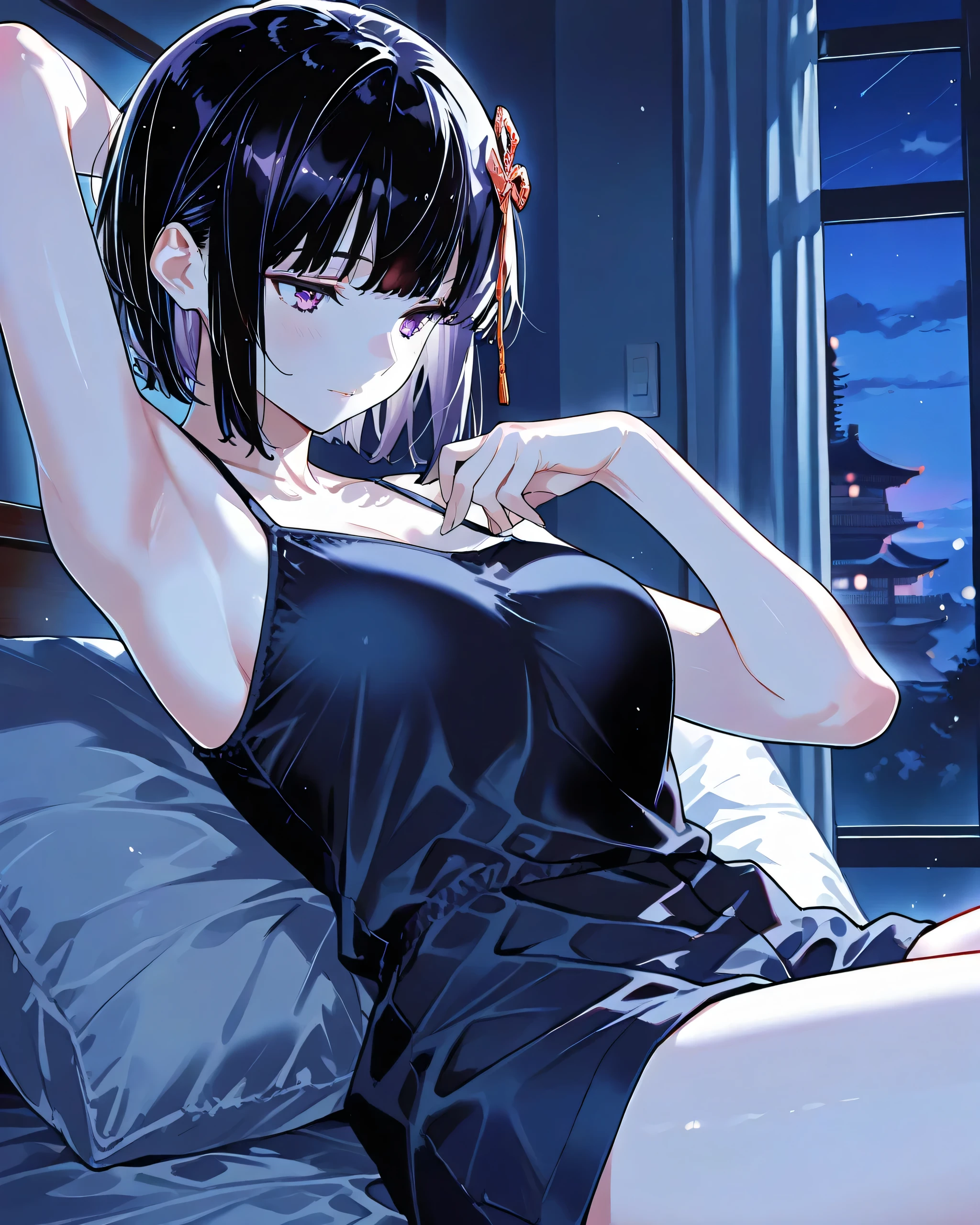 bedroom ,Night, dim light, score_9,score_8_up,score_7_up,best quality, 4k, rating_safe, very aesthetic, source_anime,1girl, yamashiro ren,purple eyes,black hair,hair ornaments, short hair, black Camisole, armpit
