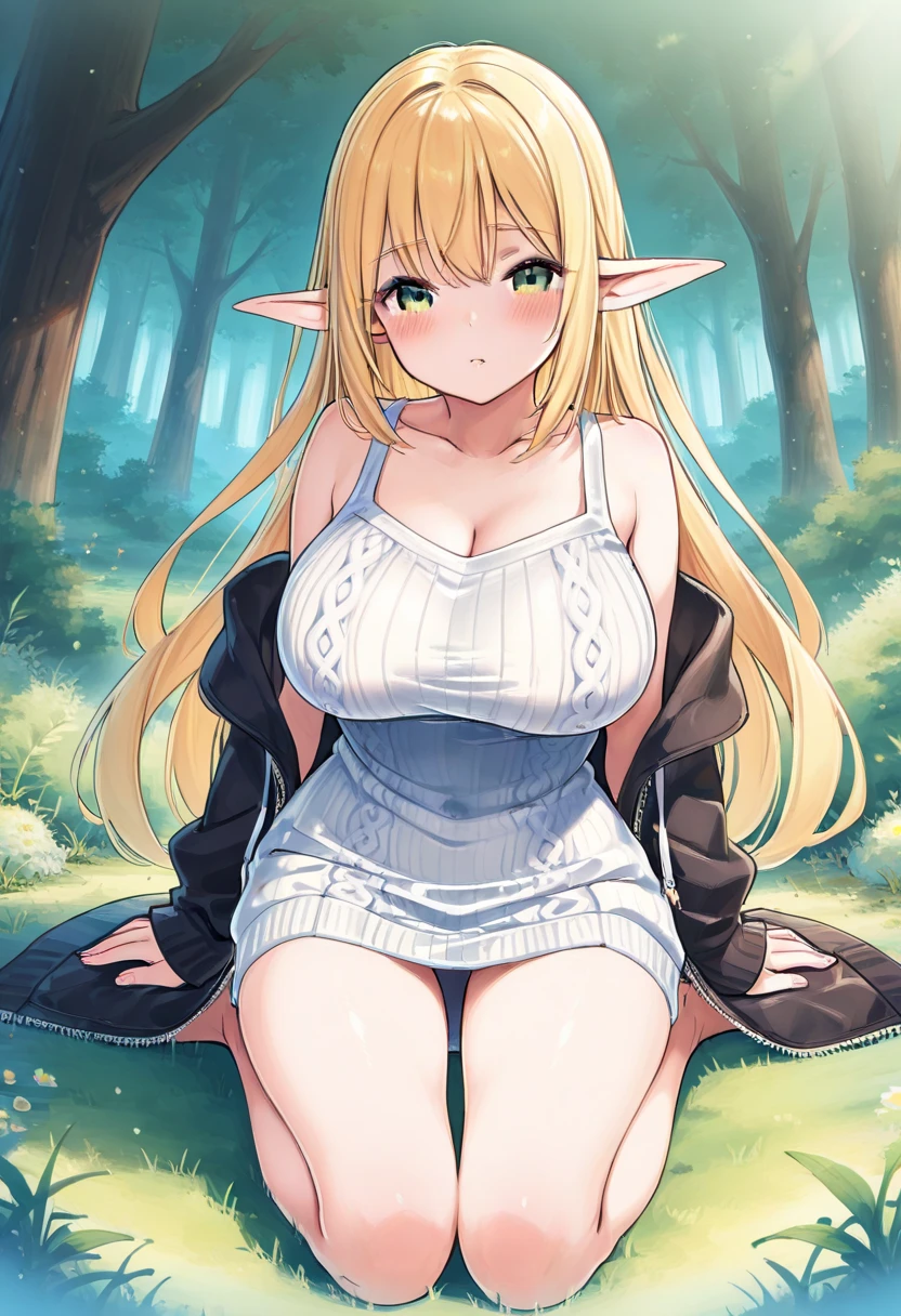 ((High resolution)) (Detailed) (masterpiece) beautiful elf woman, with huge round breasts, long blonde hair, with left bangs, blue eyes, wearing black tank top with big cleavage, small jeans shorts, soft lighting, plants and trees in background, relaxed pose, intricate details, warm colors, smiling, hands down, shy smile, outdoor, summer