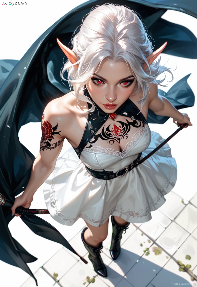  ((best quality)), ((masterpiece)), (detailed), 1girl, NSFW, long white grey hair, grey white eyes, very skinny, detailed, best quality, prominent collarbones, skinny arms, flat stomach, visible hip bones, small breasts, full body, red and white clothing, occult aesthetic, occult, detailed and intricate steampunk and detailed gothic, NSFW, Fluttering lace flared long knee length dress with frilly petticoats, knee length dress, pleated petticoats, petticoats gothic, complex lace boots, gothic aesthetic, wielding a mighty sword with mechanical components, mandalas, small breasts, a fairy, various different types of insect wings, bug wings, beetle wings, NSFW, full body, whole body, body, chains, 