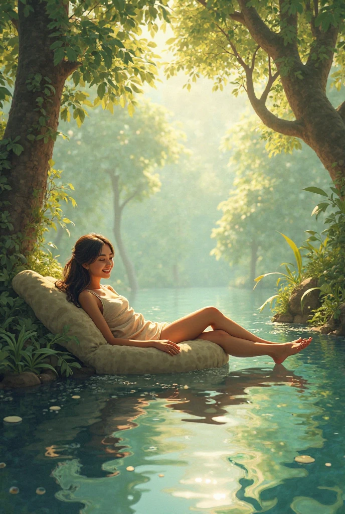 A crystalline river with colorful stones at its bottom, full of small fish of various species, There is a young woman lying in the river waters, the river bank is full of roses and lilies, there are many beautiful trees around the river
