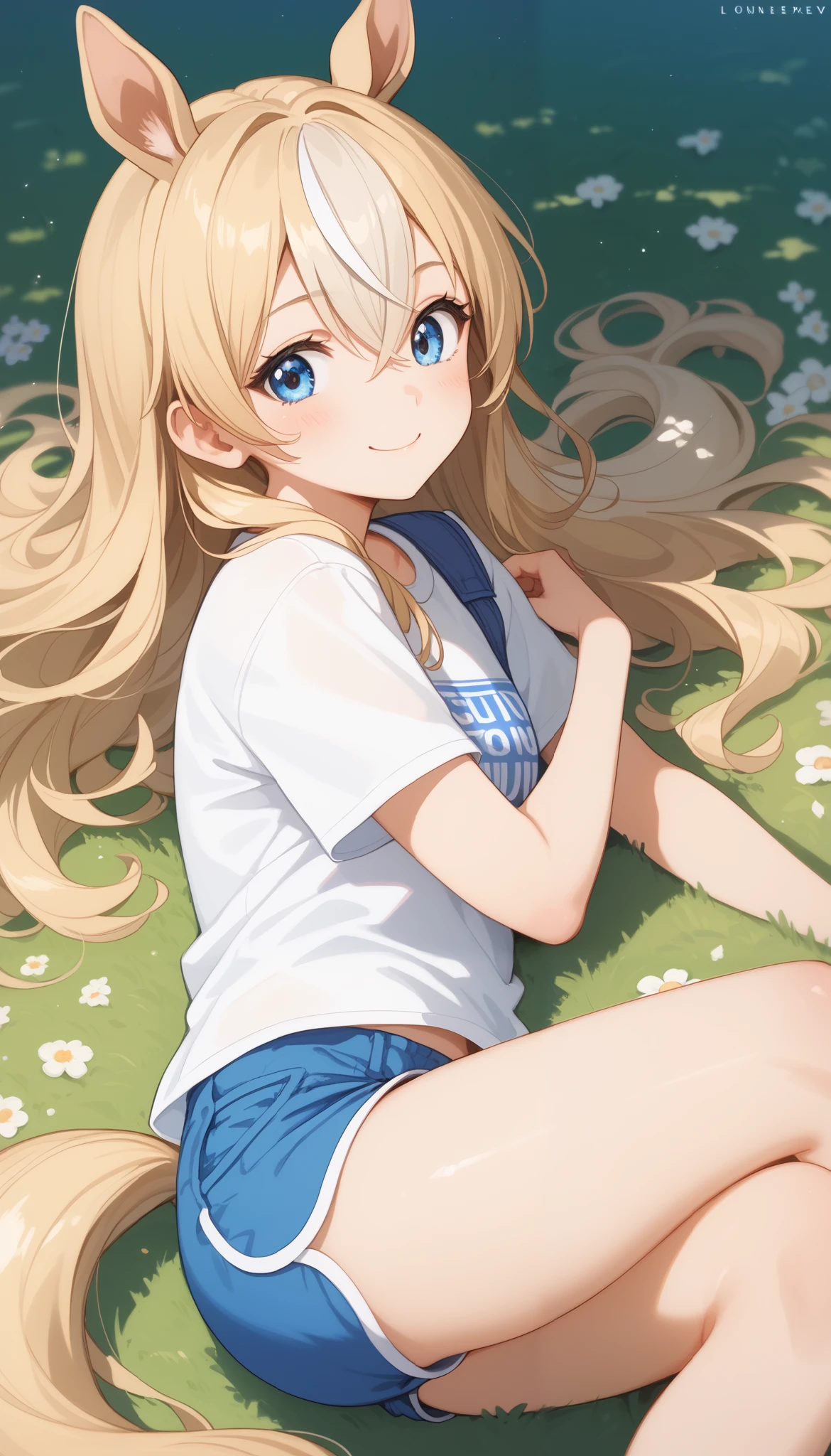 horse tail, long hair, streaked hair, blonde hair, white hair, hair between eyes, animal ears, ear ornament, blue eyes，1 girl, Alone, anime style，cute girl,Best Quality, super detailed, anime style，8k, high resolution, Detailed Images，（（ on the lawn ）），（lying down），looking here，（are smiling at the flag），Smooth Thighs，（（Thigh character up image）），Lunch，（（White Shirt）），（（blue mini loungewear shorts））， image viewed from the side，upper body image above thigh，Top Quality