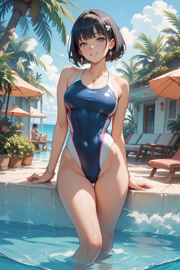 masterpiece、ultra-quality、ultra-detailliert、Perfect drawing、Solo、girl with、((Cute swimsuit))、Competitive swimsuit((High leg cut:1.5))、(round and big buttocks)、((Pose with buttocks sticking out))、(((bulging bust top)))、red blush:(0.2)、perspiring、(darkskin:1.5)、(Cute smile)、18year old、blue-sky、cumulonimbus clouds、glowing sun、Swimming pool、(Shot from diagonally below the back)、beatiful backgrounds、Accurate drawing、Detailed drawing