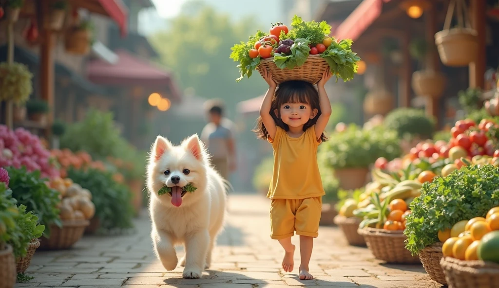 Create a scene where an adorable baby girl, wearing a white plaid shirt, denim overalls, a straw hat decorated with flowers and the baby carrying a basket full of real vegetables, next to the baby, a real coli dog walking next to the baby, parading on the catwalk, ultra realistic 4k motion camera, 9/16 cell phone format photo