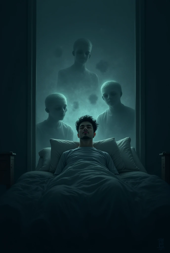 Nightmarish Dreams Image: A person sleeping with their eyes closed, while terrifying dream sequences appear around them, including ghostly faces or gruesome scenes Animation