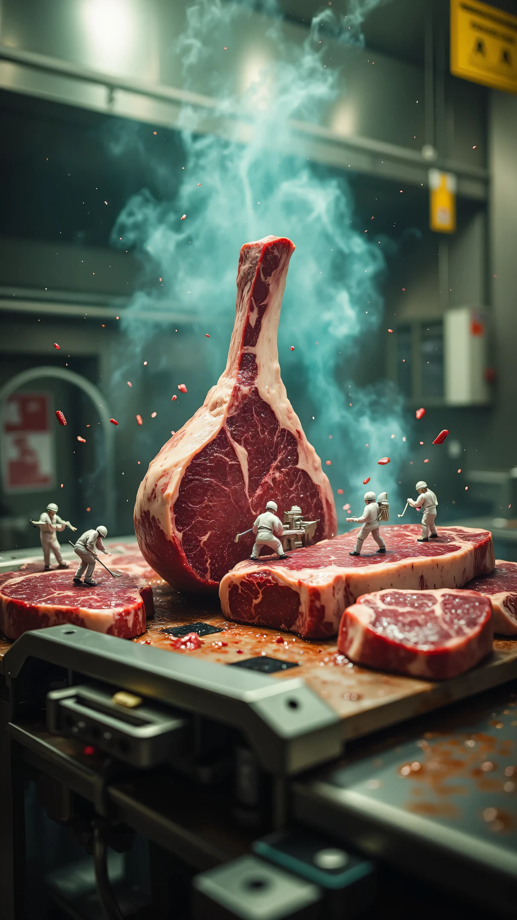 Microscopic industrial realism, 8K ultra-detailed: Giant fresh steak with juicy marbling textures dominates frame, tiny workers operating hydraulic cutters/laser dividers on metal scaffolding attached to meat surface, dynamic juice splatter captured, spotlight beams illuminating meat carts, surreal meat processing facility