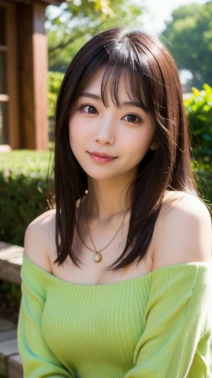 Please make a beautiful Japanese woman。Approximately 20 years old, wearing summer clothes、hair is of medium length,。With photo quality、