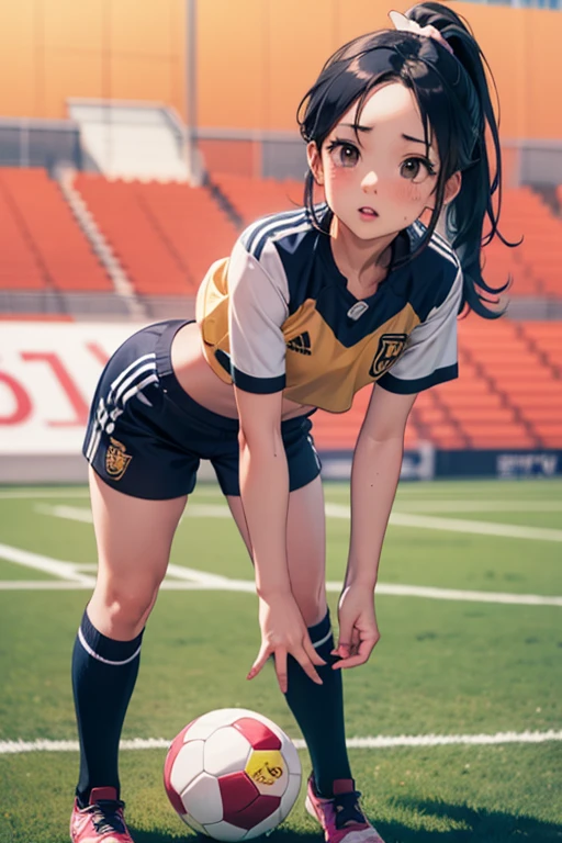 Anime character from Naruto called Hinata Hyuga wearing real Madrid jersey in a football field in a hot pose
