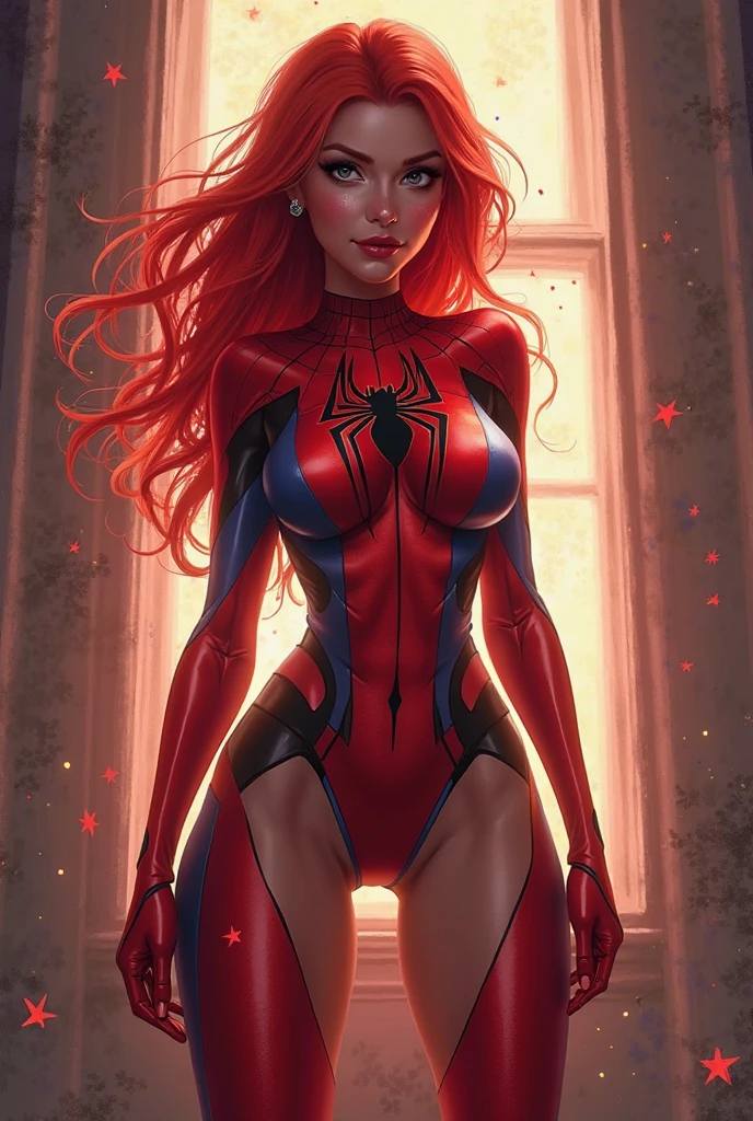 1girl,a beautiful fashion model ,(masterpiece, detailed background, best quality),shiny hair, red hair,smirk,juicy lips,red lips, lingerie, stripping, elegant makeup, exhibitionism, ((torn spiderman outfit))