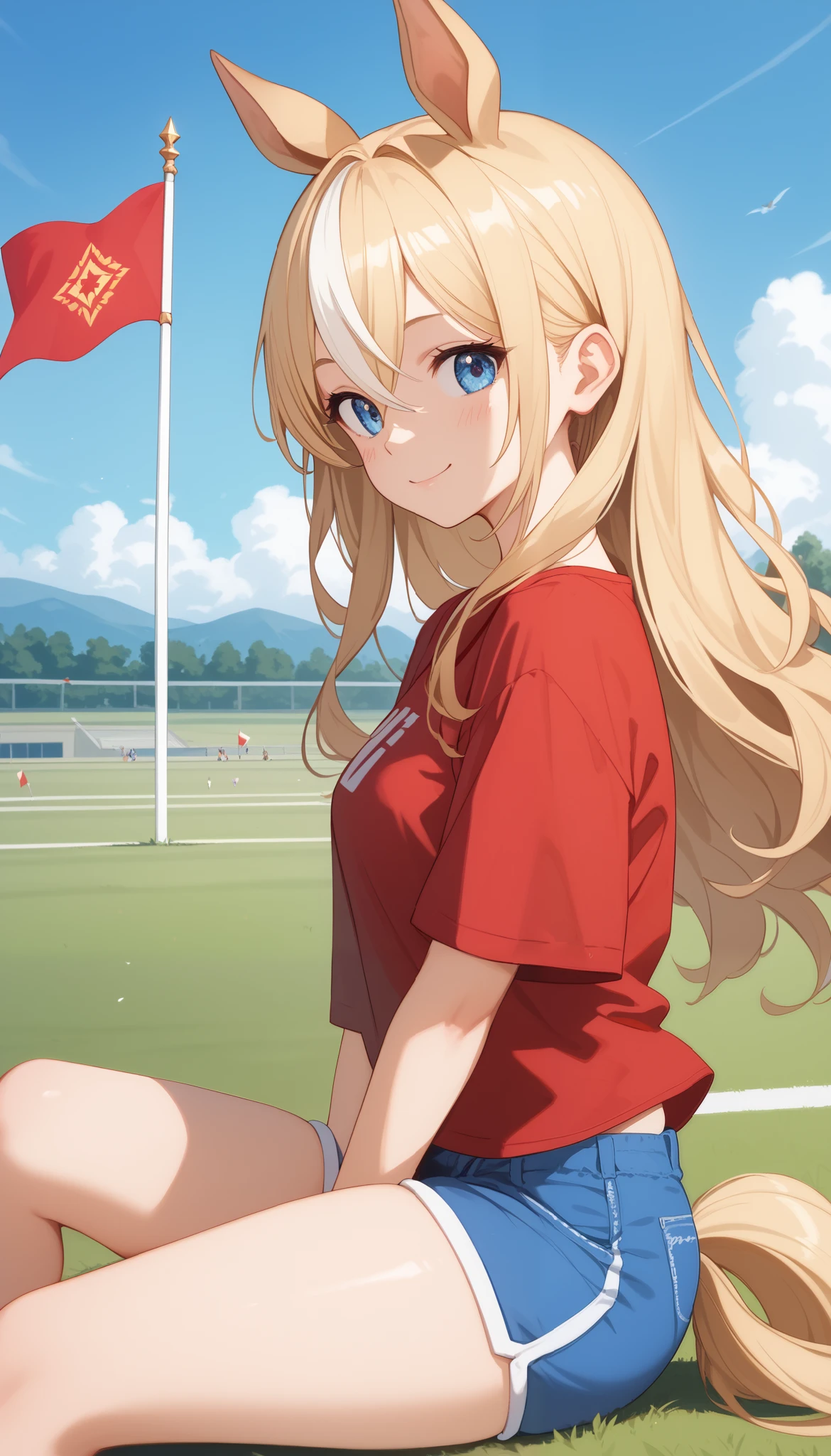 horse tail, long hair, streaked hair, blonde hair, white hair, hair between eyes, animal ears, ear ornament, blue eyes，1 girl, Alone, anime style，cute girl,Best Quality, super detailed, anime style，8k, high resolution, Detailed Images，（（ on the lawn ）），（ Gymnastics Sitting），looking here，（are smiling at the flag），Smooth Thighs，（（Thigh character up image）），Lunch，（（Red shirt）），（（orange mini loungewear shorts）），Diagonal side view，upper body image above thigh，Top Quality