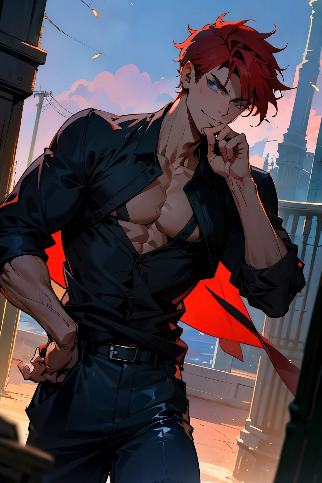 man, Tall,Red hair,Dark blue eyes;Age 30.,for short hair,muscular, wearing sexy shorts, gathering breasts,, long pants, handsome face , Intense Atmosphere , Sky Black , dark color ,. He's a smiling psycho boy ,Holding a dark ,, he's a killer ,Proposed in a sexy pose ,best pictures