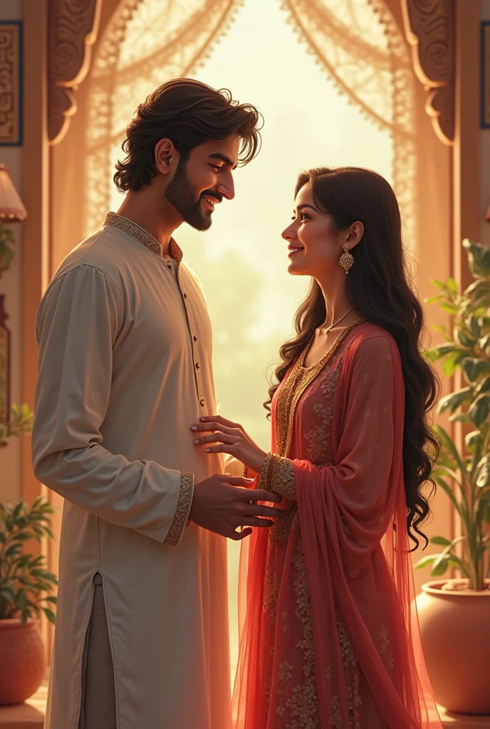 A beautiful couple named samrina and Qamar sitted on a bed wearing Shalwar qameez