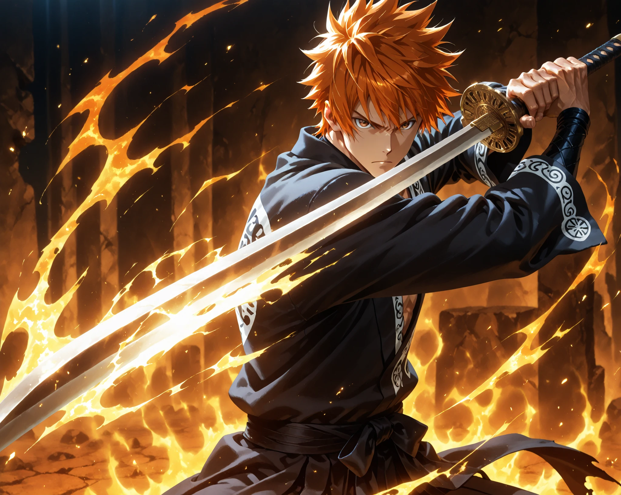 1boy, (male focus), solo, 1boy, ichigokurosaki, orange hair, short hair, spiked hair, brown eyes, shinigami outfit, fight stance, holding his sword, serious face, the ilumination is strong and soft for the strong aura in the scene, anime screencap