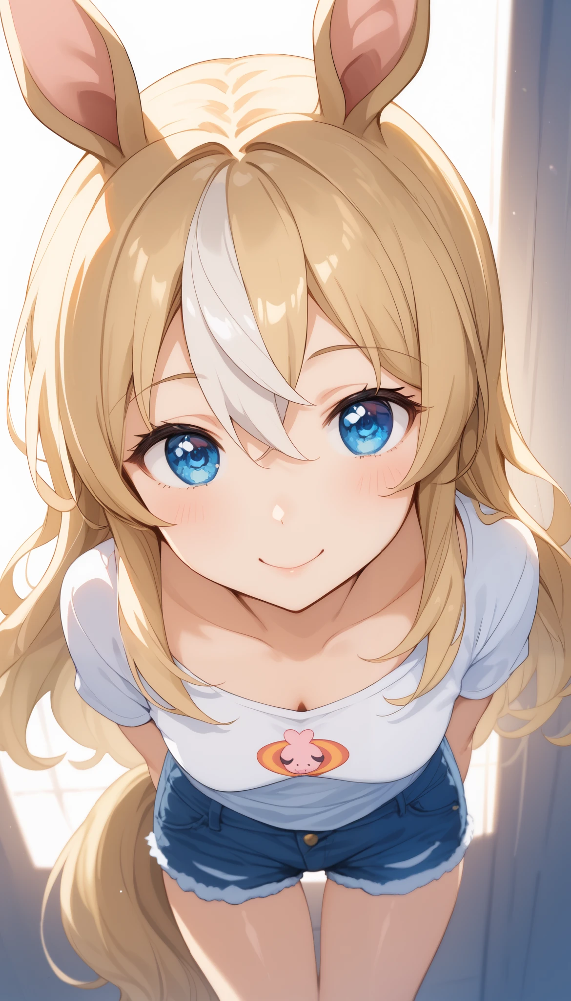 horse tail, long hair, streaked hair, blonde hair, white hair, hair between eyes, animal ears, ear ornament, blue eyes,1 bashful girl, alone, anime style,cute girl,Best Quality, super detailed, anime style,8k, high resolution, detailed face, Character's Upgraded Image,((clear face)),( on the lawn ),((is leaning forward)),(( chest as soon as it is visible)),((cleavage is visible))((white loose loose cleavage is visible sleeveless shirt)),(black denim shorts),(Character up image looking down from directly above),((image of upper body only))image viewed from above the front,character up image,shiny, smooth skin,morning,Dazzling Sunlight,( Upper-Body Image )
