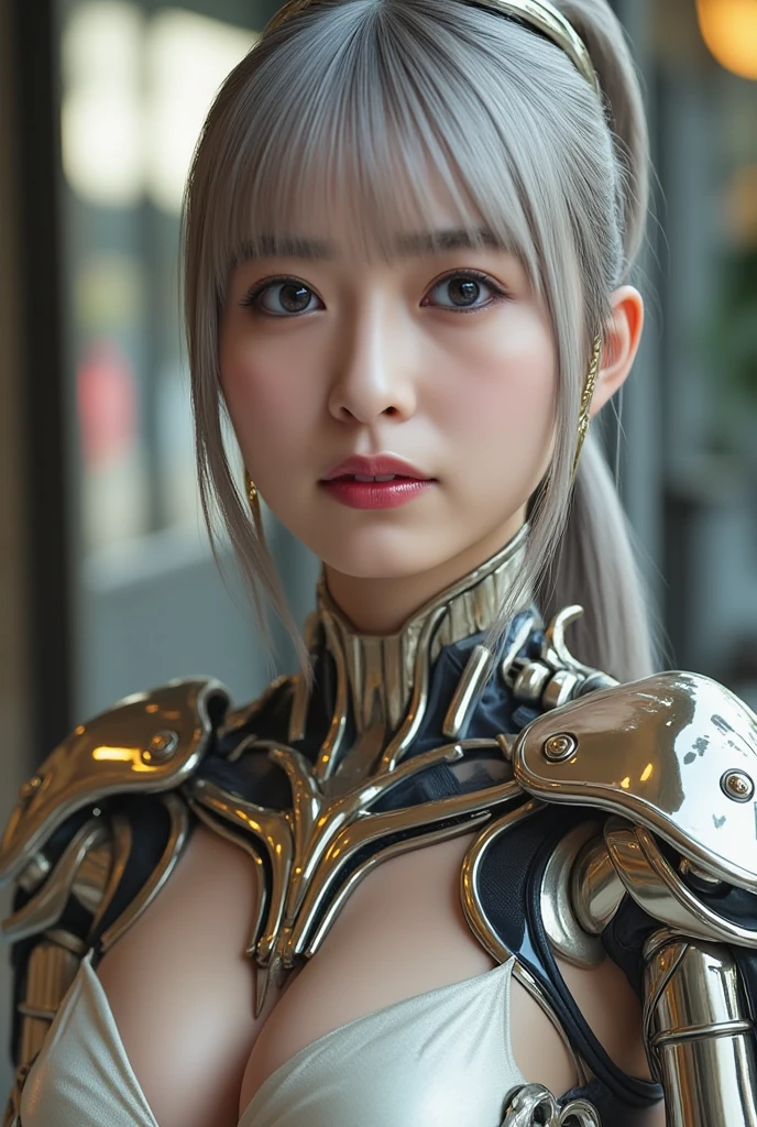 Top Quality, Masterpiece, Ultra High Resolution, (Photorealistic: 1.4), Raw Photo, 1 Mechanical Girl, Smile, Light brown short hair, Small Bust、 Ultra Sharp, Intricate Ornament Details, Very intricate details, realistic light, CGSoation trend, facing the camera, neon details, mechanical limbs, blood vessels connected to the tube, mechanical vertebrae attached to the back, mechanical cervical attachment to the neck, wires and cables connecting to the head,