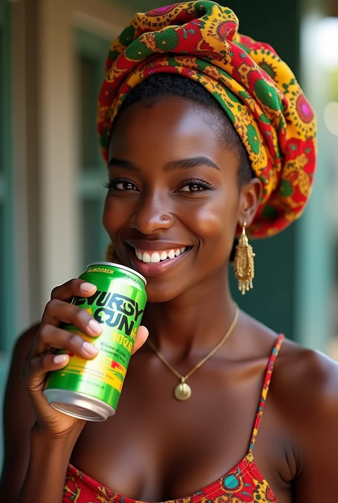 Melhor qualidade, 8k, mulher,black skin, lindo,big eyelashes, looking to observer, little smile, rabbit ears tiara, NUN'S ROBES IN CAMOUFLAGE MILITARY GREEN, holding a beer can, florish forest scenario