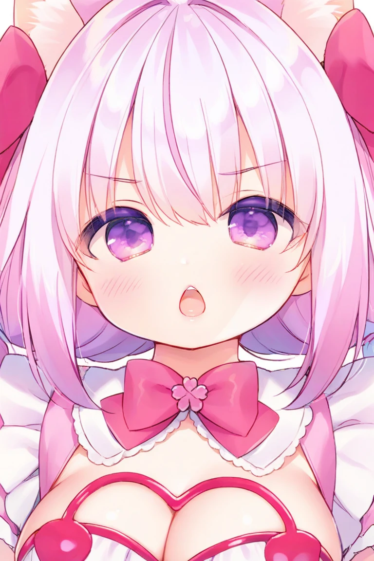 Pueros face_V1:0.24, highest quality, realistic, 8K, High resolution, 1 girl, 16 year old girl, (skin dents), (portrait), ((simple background:1.62)), full color, ((big round breasts,frills)), look straight at the viewer:1.8, (1 girl eyes looking at viewer:1.55), (Long-length hair, silver hair, two side up,straight bangs:1.45,pink eyes), (Bokeh),looking at the viewer,open mouth smile,Shining eyes,cute pose,sparkling eyes,Super high quality,dynamic pose,date situation,whole body