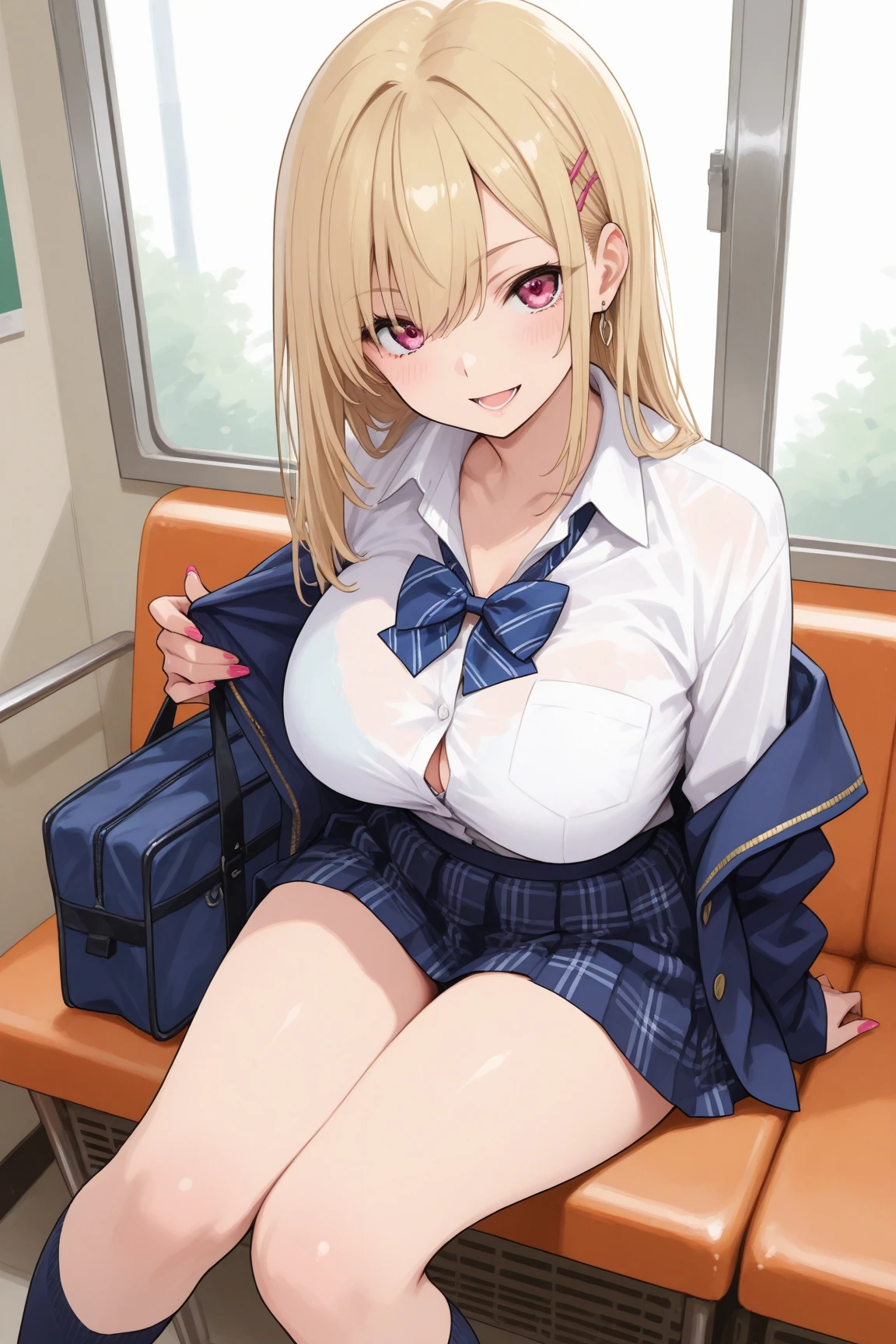 (((Spread your legs and close your eyes))、(((Accentuate your breasts、Shiny underwear)))、Highest quality, 8k, masterpiece :1.3)), whole body, Sharp focus :One Girl,Glowing Skin,SSexy pose,Highest quality,Tabletop,shape,Very delicate and beautiful,Hmph,8k壁紙,wonderful,In detail,Official Art,Very detailedなティッカーUnity 8k壁紙,Incredibly ridiculous,Large file size,Very detailedな,High resolution,Very detailed,Beautiful detailed girl,Realistic,X-ray,The queue is full,(((Uniform Blazer、mini skirt)))、(((Big Breasts、blonde)))、(((train、trainの椅子に座る、On the way to school)))、Stand upright、Cleavage , ((Long golden hair))、Uniform Blazer、Sexy pose、Hairstyle: Ponytail、both hands、