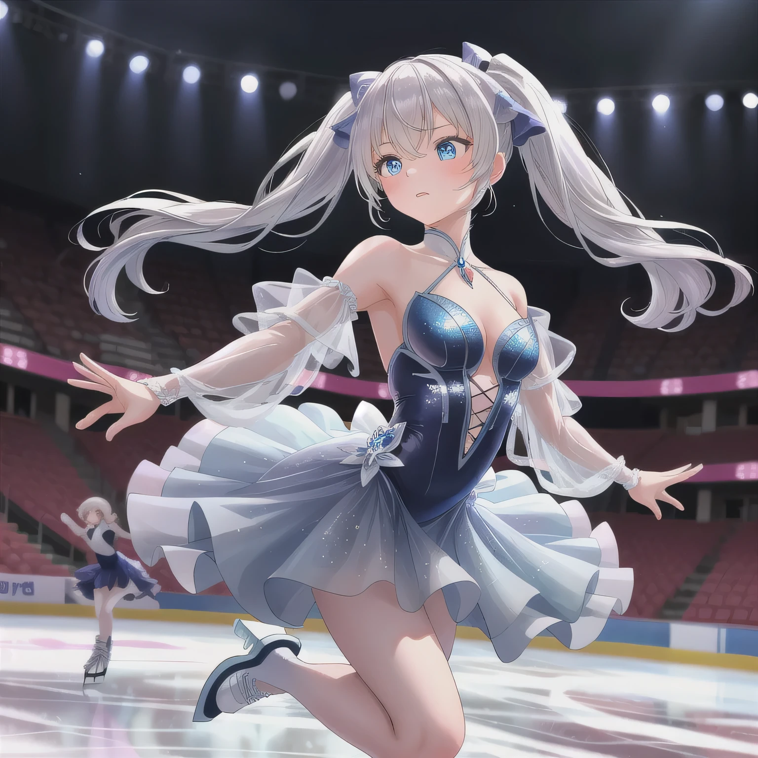 ((Highest quality)), ((masterpiece)), (detailed), (Perfect Face)、The woman is Reika Aoki with semi-long hair、A woman is figure skating on an ice rink in a gorgeous and glamorous figure skating costume.
