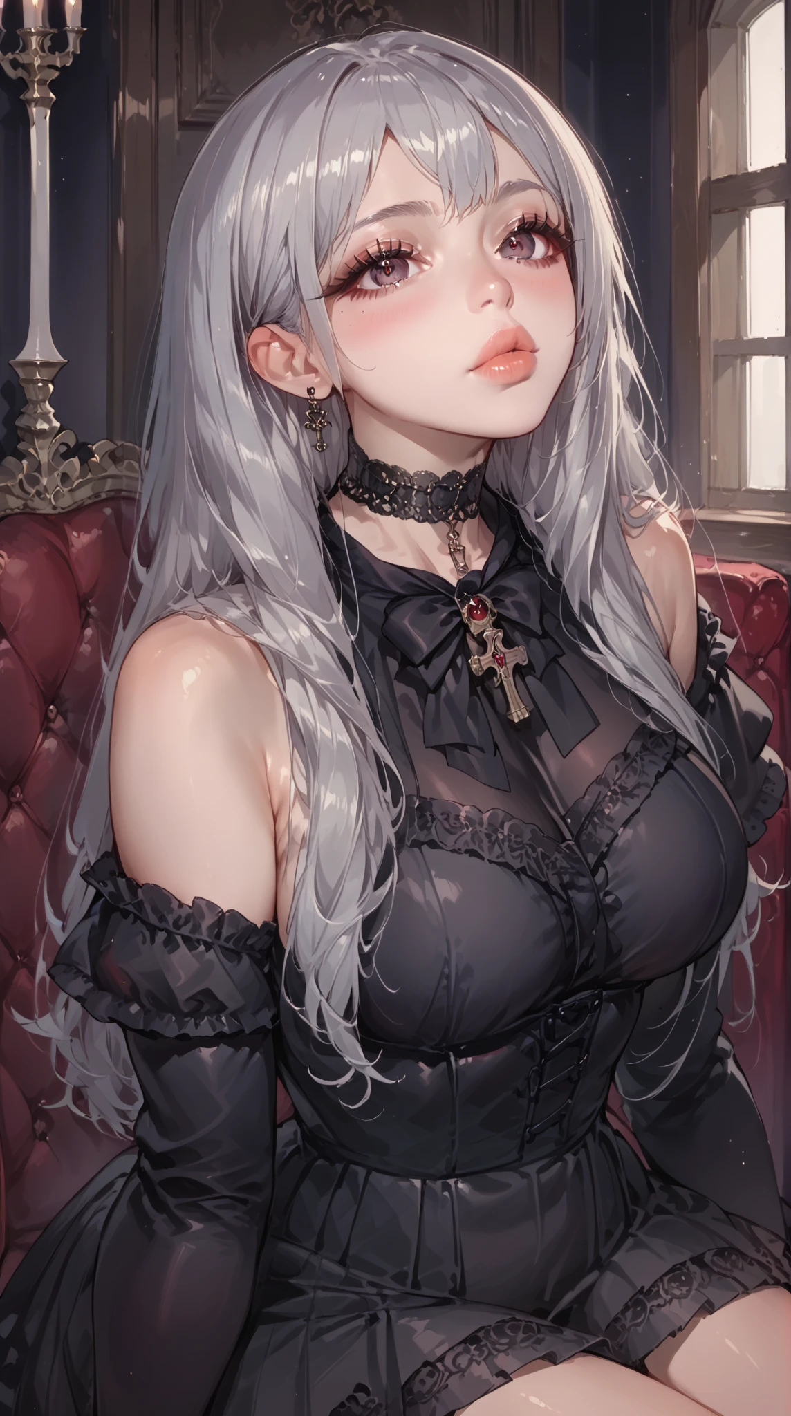 highest quality,In 8K,High resolution,((master piece:1.2)),(Photoreal:1.4), (masterpiece, side light, exquisite beautiful eyes: 1.2), masterpieceportrait, realistic, 3D face, shining eyes, shiny hair, Glossy skin,alone,visible all over,A very beautiful and cute 16 year old girl,attractive oval face,double eyelid,deep blue eyes,rosy lips,small nose,bright silver hair,straight long hair,slender body,small breasts,black gothic ta style dress(Lots of luxurious frills and delicate lace),panniers,white stockings,garter belt