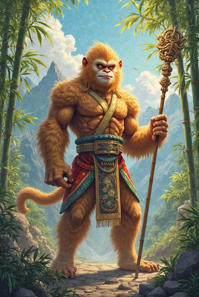no experience of jujutsu kaisen, He is portrayed as an anthropomorphic ape with agile and expressive features.. Sun Wukong usually has a body covered in golden or brown fur and bright eyes., often described as "eyes that see through the darkness". He's muscular, com uma postura confiante, and often carries a magic staff (Ruyi Jingu Bang). Their appearance is often complemented by traditional Chinese warrior costumes., which include golden or red armor and a metal crown.