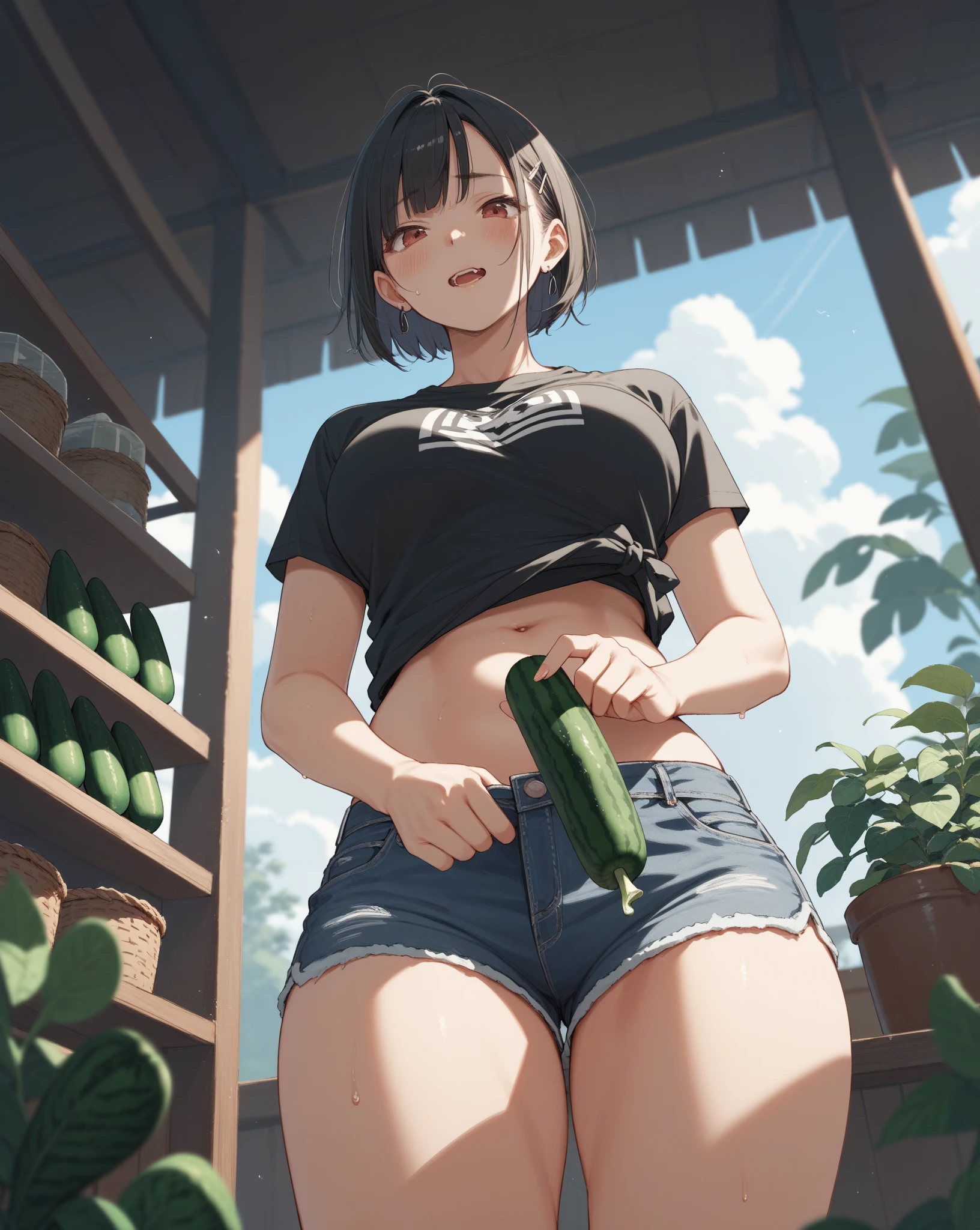 squad , T-shirt , flat chest , (downblouse) , Leaning forward , The greengrocer gazes admiringly at the cucumber he has picked up , looking away
