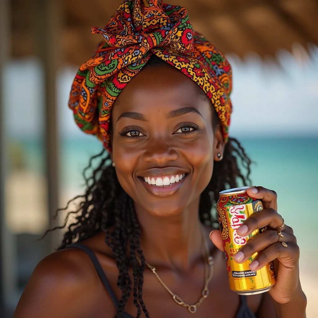 An African American woman in a bikini with fancy hair on the beach looking at the sea holding a can of 2M brand beer