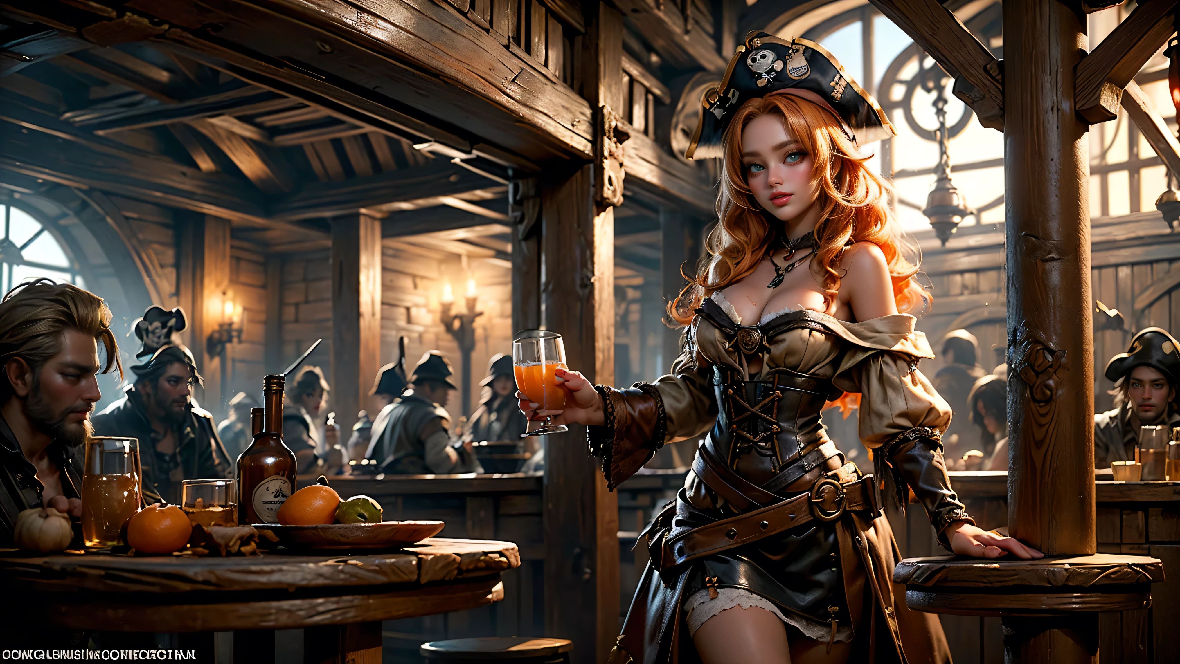((tavern and brothel filled with men)), ((1 redheaded tavern wench serving drinks to old pirates)), ((messy hair, orange hair)), ((1 serving girl)), ((solo girl)), ((ager)), (()), ((littlegirl)), ((Smiling)), ((little)), ((dark tan skin)), ((cute girl)), ((she is serving the pirates)), ((pirates are lusting after the girl)), ((pirates are large burly men)), ((pirates have dark hair)), ((men have blonde hair)), ((men wearing pirate cloths)), ((unshaven pirates)), ((she walks to the tables carrying tankards)), ((the men can't help but stare at her beauty as she walks by)), old tavern, pirate tavern, pirates holding and drinking tankards of ale,