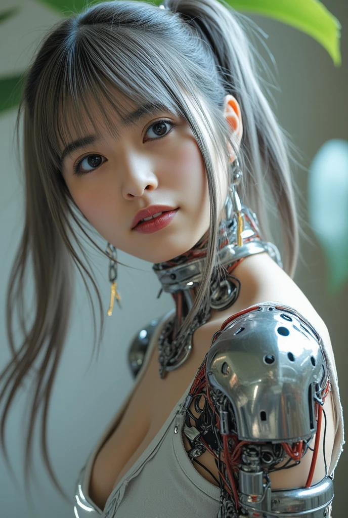 Beautiful cybernetic girl looking at camera underwear detailed muscles realistic masterpiece