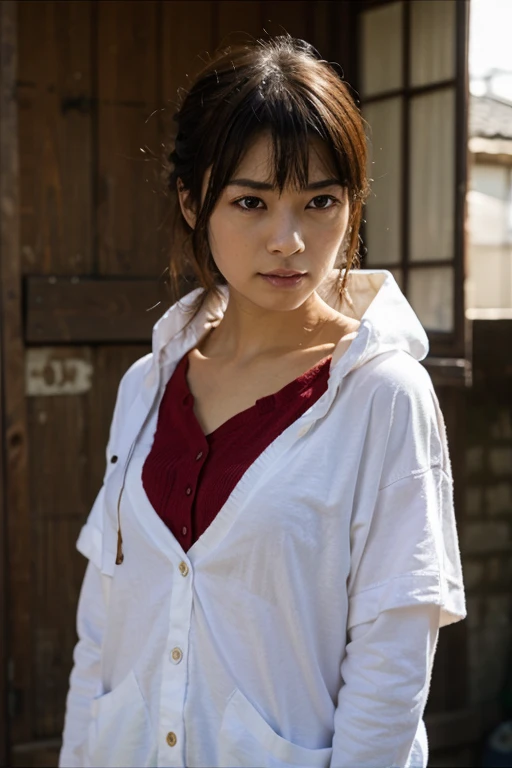 (Highest quality, 8K, 32k, masterpiece, Ultra-high resolution:1.2),Beautiful Japanese Women Photos, Rainbow clothes、Rainbow hoodie、Large Breasts, Very short bob hair,Red hair, necklace, Simple Background, From above, View your viewers,Red Hair、White background、peace sign、Pause.Colorful clothes、White background