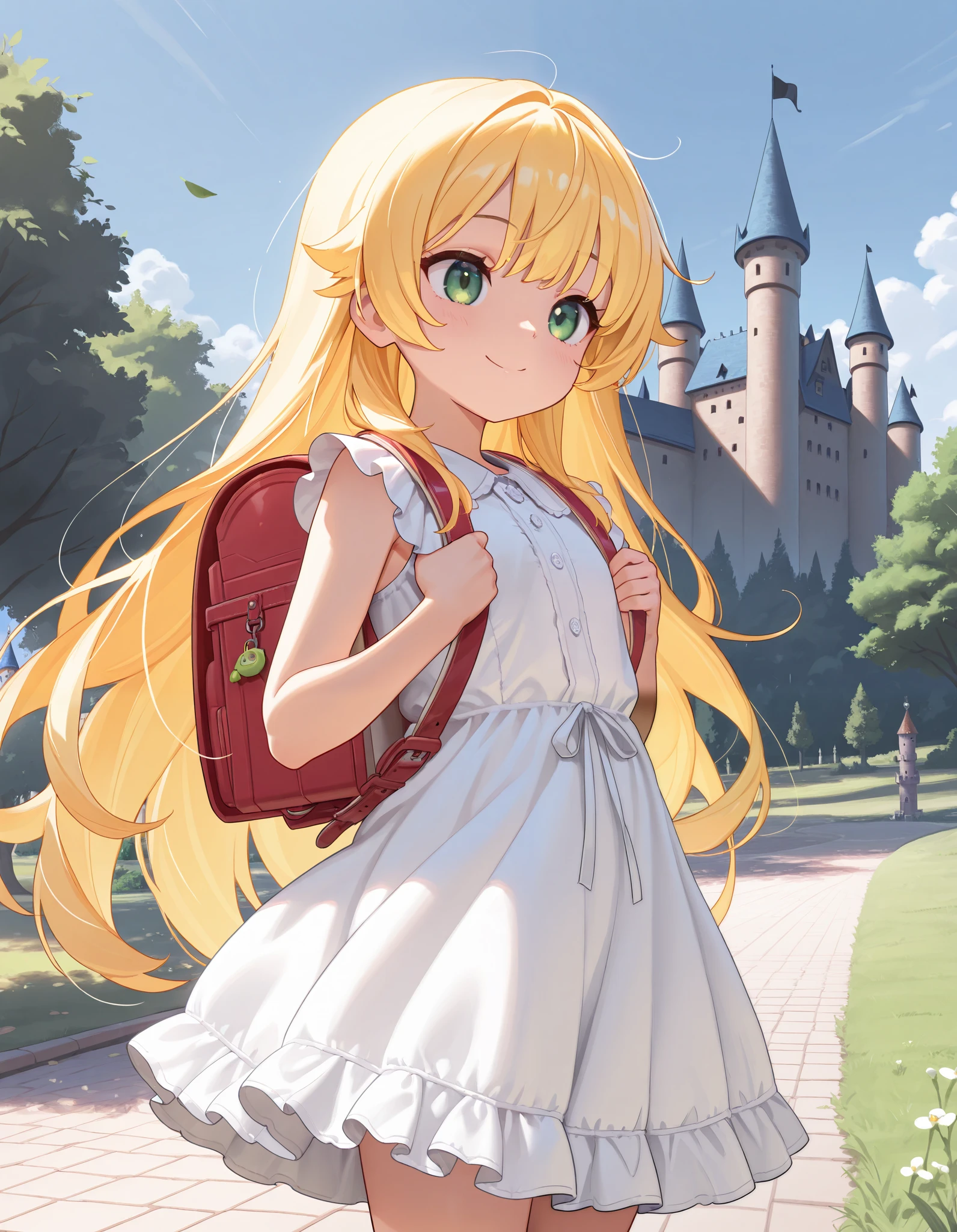 Masterpiece, hd, 1girl, best quality, yellow hair, very long hair, green eyes, smile, wearing white dress, frilled dress, cute dress, Sleeve less, nowtie, wearing randoseru backpack, brown backpack, standing, outdoor, castle, park