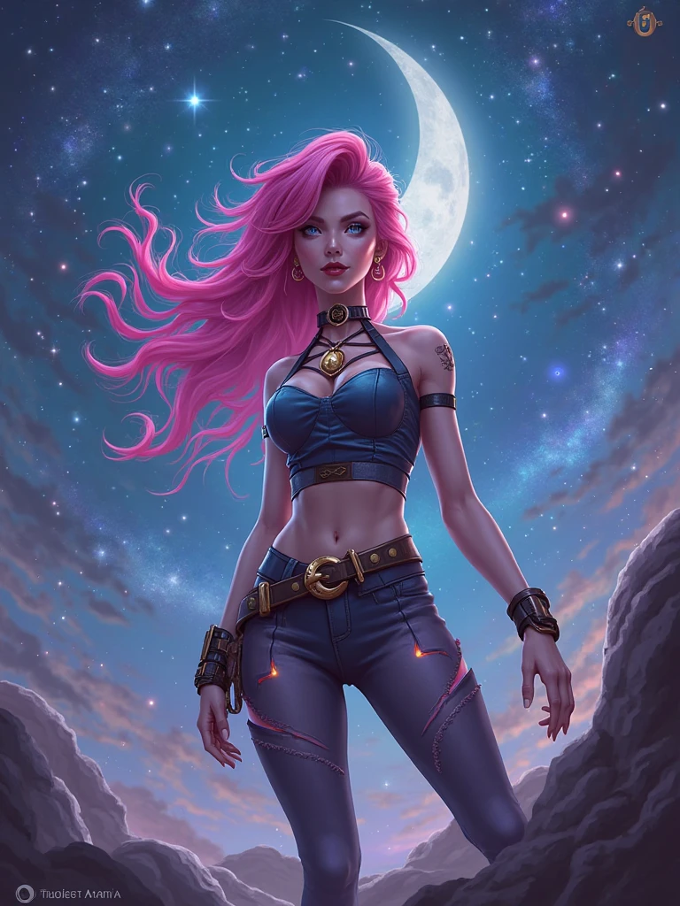 masterpiece, best quality, 1girl, red lips, solo, green eyes, curly hair, multicolored hair, white hair, auburn hair, two-tone hair,ombre , Anna Lebeau, bangs, side lighting, best illustration, ((1girl)) masterpiece, highest quality, (perfect face:1.1) , (high detail:1.1), dramatic, long hair, curvy, large, moon, thighs, navel, half dress, choker, bare shoulders, wide hips, thick thighs, lips, pelvic curtain, toned pelvis, toned hips, milky hips, navel piercings, body piercings, huge breasts, sandals, neck chains, castle, detailed background, art by artgerm and greg rutkowski, cinematic lighting, a closeup portrait of a playful woman, 25 yo, Ana de Armas, natural, amazing body, pronounced feminine feature, speaking, laughing, festival, (pink hair with white tips), freckles, flirting with camera, side boob, (gold, freckles, huge breasts, naked, underboob), thigh gap, Fox ears