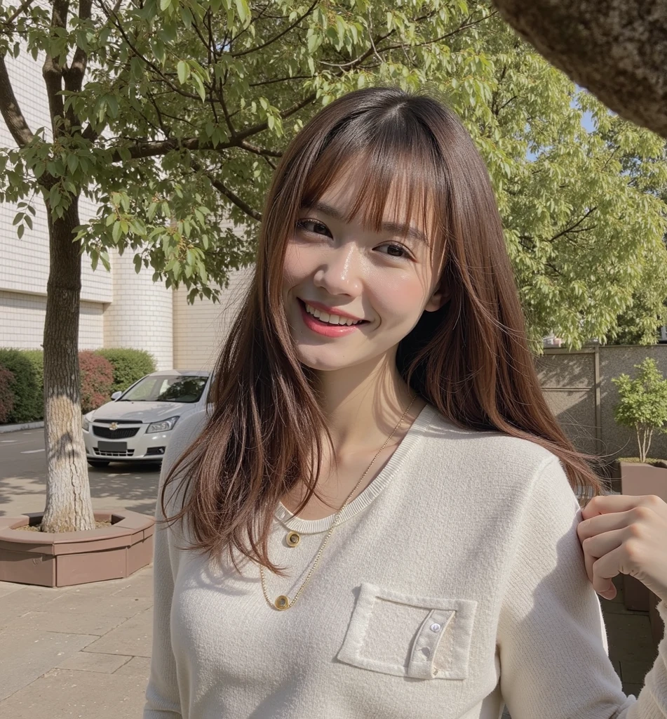 She looks happy when she sees this、casual clothes、Under the autumn sky、muste piece, best quality, illustration, Super detailed, fine details, High resolution, 8K Denden Wallpaper, perfect dynamic composition, beautiful detailed eyes, ladies fashion summer,bob hair,middle of chest, natural color lip, bold sexy pose,shy smile,Harajuku style、20 year old girl、cute type、sexy shot looking at camera