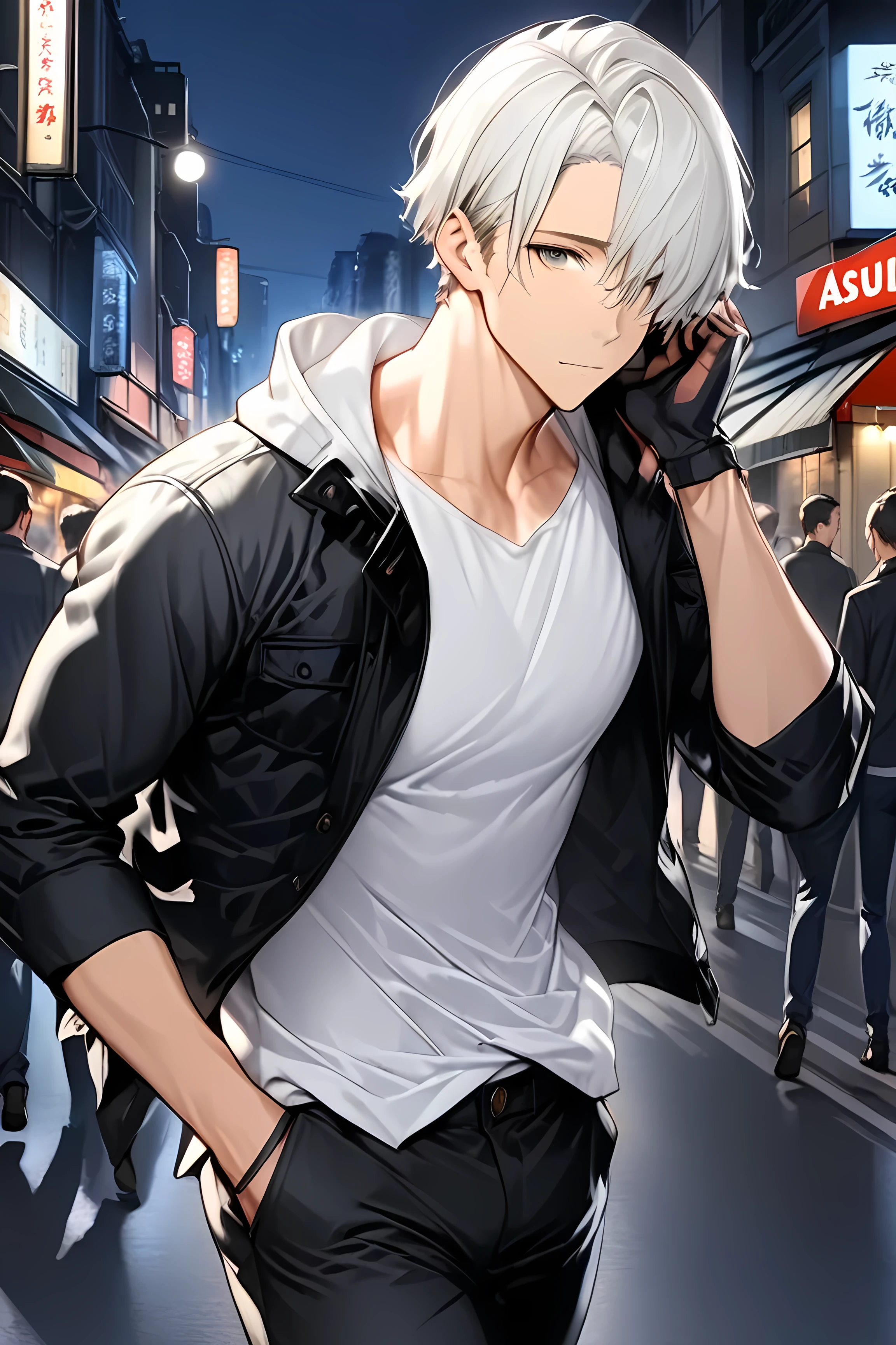 1 male, handsome male, young adult man "Asuka", short white hair, golden eyes, long black jacket, white t-shirts, black pants, character's right hand in pocket, walking, streets background, at night, busy streets, front view, Fierce