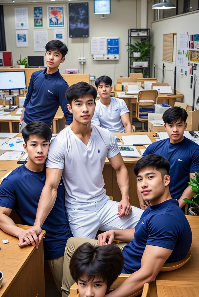 Handsome age Thai boy 15 yrp eyes beautiful eyebrows high nose bright white skin body, , short body 160 cm.skinny fat body, drinking a coffee, standing in freshy night party with a friend in cafeteria, shirtless wearing a white briefs underwear,dim lighting, realistic cinematic photos ,wide angle photo