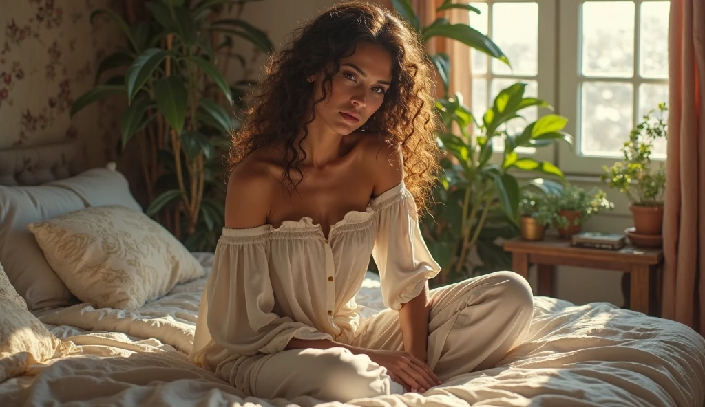 (photorealism:1.2), beautiful woman, sitting on bed, wearing loose off-shoulder top, pajama pants, long curly hair, indoors, soft lighting, plants in background, window with sunlight, cozy room, relaxed pose, realistic, intricate details, warm colors, by Greg Rutkowski, by Alphonse Mucha