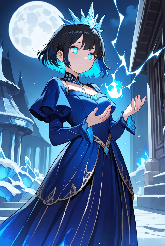 night, ((1 girl)), Solitary, masterpiece, 8k wallpaper, high resolution, absurd, High quality background, short hair, Black Hair, Multi-colored hair, Beautiful frozen village, (round bright moon), Blue Dress, Detailed dress, Jewelry Dress, (magic:1.2), blue fire, blue eyes, Glowing eyes, fire, Goddess of Ice, (Blue detailed beautiful crown), electricity, blue electricity, Blue light particles