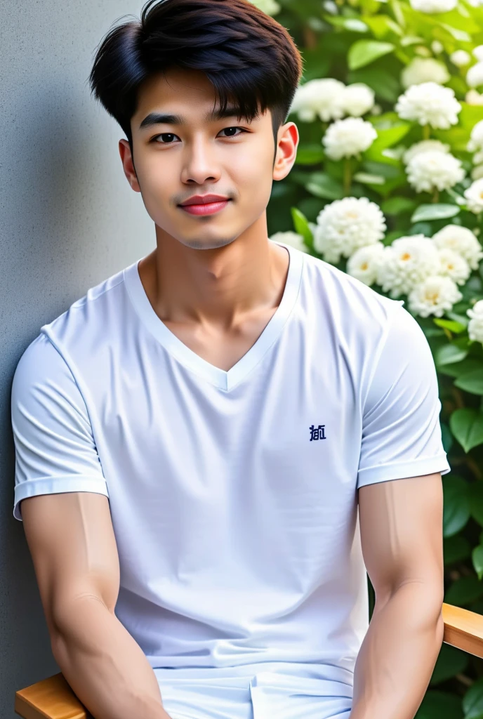 (Best quality,4K,A high resolution,Masterpiece:1.2),basketball player,Sports students,Sports Youth,Chinese handsome,Good-looking facial features,Short chiseled hair,Exposed abs,Fit for a robust body,18yr old,Lie flat on the lawn,The legs are naturally open,Brace your hands behind you,Emoji smile,