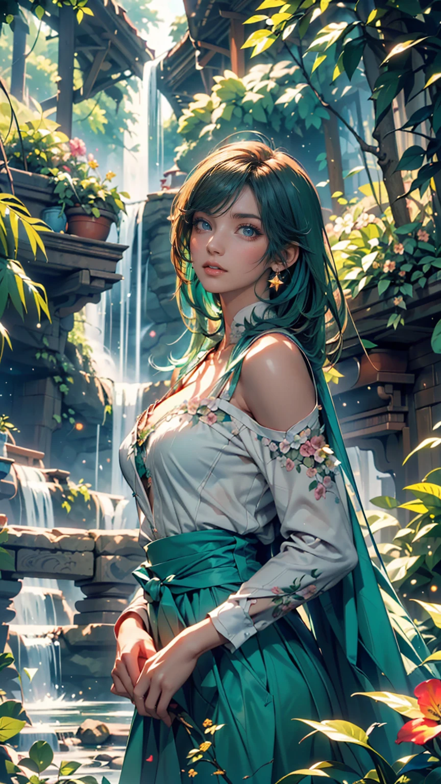 A girl covered in green mist and yellow mist, holding a water orb like ball dripping down, waterfall as the orb drips, yellow green highlight hair straight, white eyes, goddess like