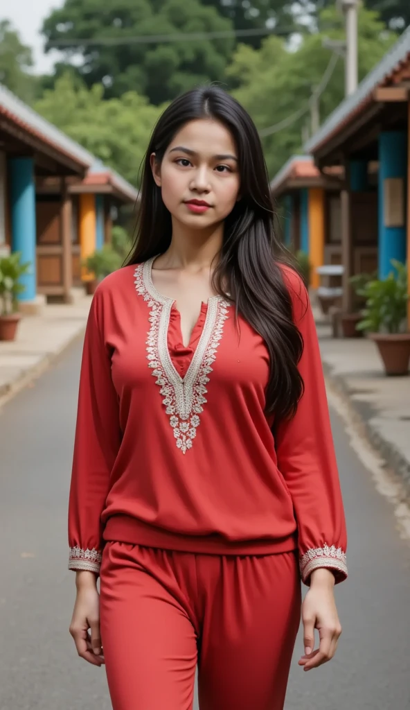 a naturist malayali female supermodel, wearing a short dark red kurti, adult, 20-year-old, (cute pretty beautiful face), ((beautiful eyes)), ((beautiful nose)), ((beautiful lips)), very long hair, (((beautiful legs))), artgerm style, artstation style, full perspective, full-length portrait, full body shot, head-to-toe shot, 8K