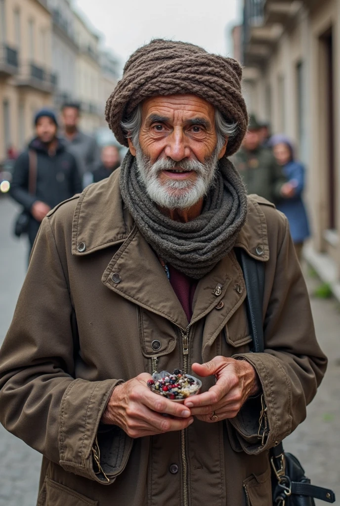 Gypsy with a plain white scarf on his head
Lime green shirt
Gray beard
Black pants
Holding a glass of wine