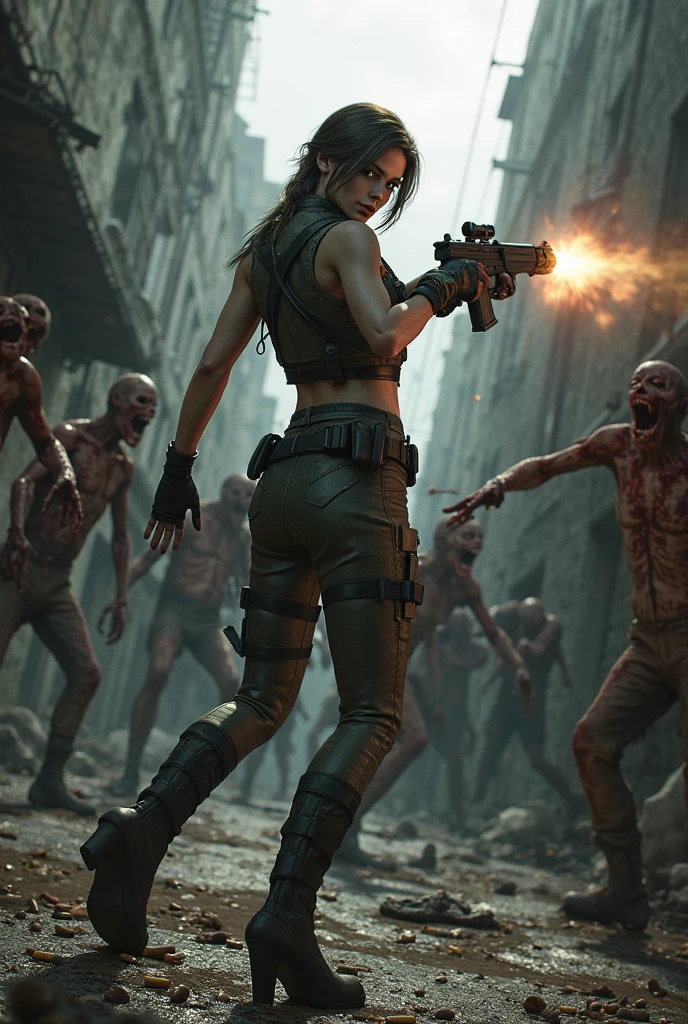 Girl Ellie from The last of us part 2 with a bloody machete, a bow weighs on his shoulder, Blood splatters on his face. It is located in an abandoned store that is already overgrown with grass and moss., slight haze and corpses emphasize the gloomy atmosphere.