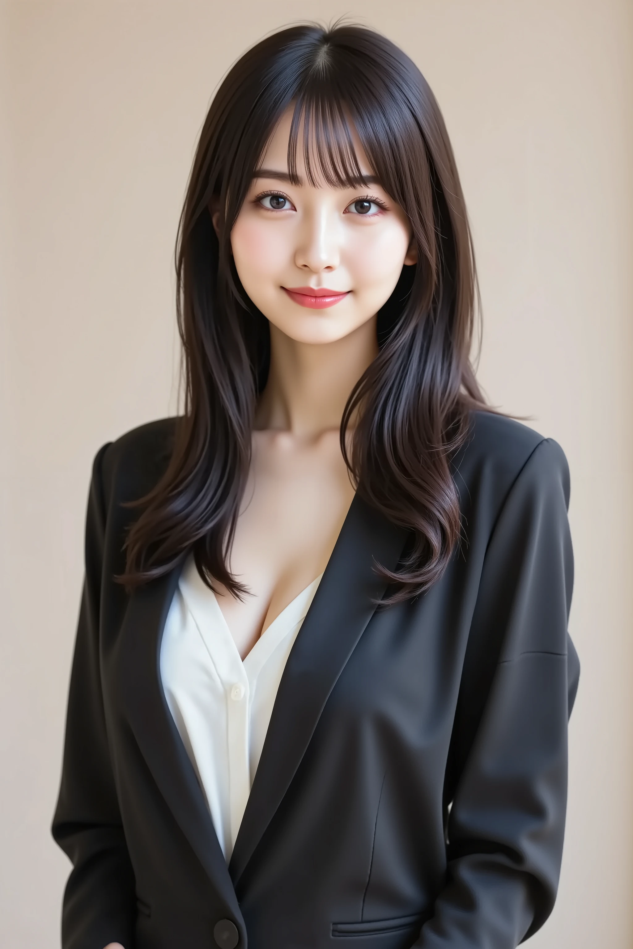 A highly detailed, ultra-realistic digital illustration of a beautiful young Asian woman, with her **entire upper body and head fully visible in the frame**, ensuring that her **face, hair, and shoulders are not cropped**. The composition is carefully framed to maintain balance, keeping her centered while allowing enough space around her to prevent any part from being cut off.
She has long, smooth black curly hair with soft bangs, flowing naturally over her shoulders. Her clear, luminous skin is complemented by a warm, inviting smile. Her large, expressive eyes are enhanced by natural, elegant makeup, adding depth and sophistication to her gaze.
She is wearing a well-tailored, dark-colored suit jacket over a crisp white blouse, exuding professionalism, confidence, and elegance. The structured fit of the suit enhances her poised and authoritative appearance.
The background is a minimalist, neutral tone, ensuring a clean and distraction-free environment that subtly contrasts with her attire, emphasizing her as the main subject.
The image is rendered in **8K ultra-high resolution**, capturing every intricate detail with pristine clarity. The lighting is soft and evenly distributed, highlighting the contours of her face, the texture of the suit fabric, and the depth of her hair without creating harsh shadows or overexposed areas.
