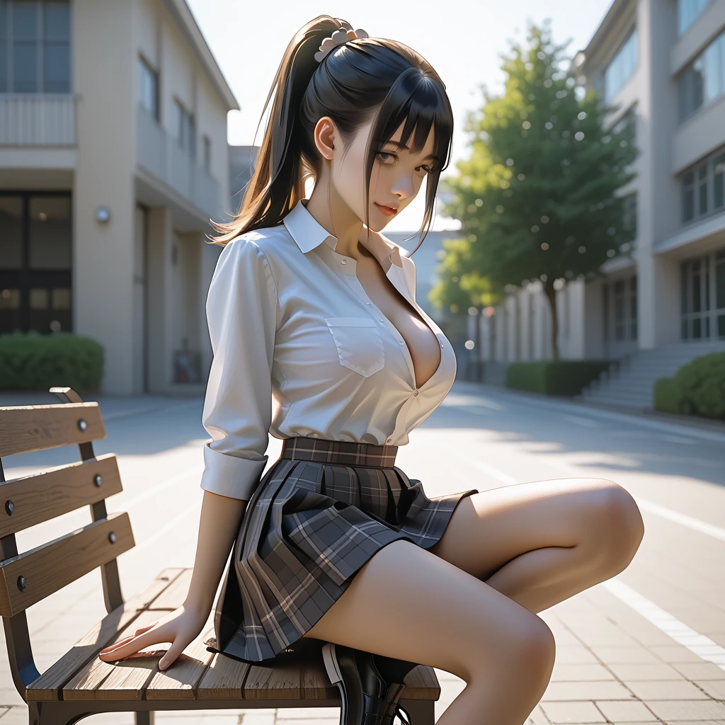 anime, beautiful face, highly detailed face, two exact legs、detailed eyes, highly detailed background, perfect lighting, Accurate weapons, accurate hands, precise fingers, full body, 1 girl, alone, Ruby Hoshino, oshi no ko, indoors, Detailed heels, Detailed thighs, disorganized, High resolution, super sharp, 8K, masterpiece, looking at the viewer, elegant pose, (full body:1.4), inside the school, In the classroom, sitting on a chair in the classroom, uniform, school skirt, cleavage, Wear one school tie