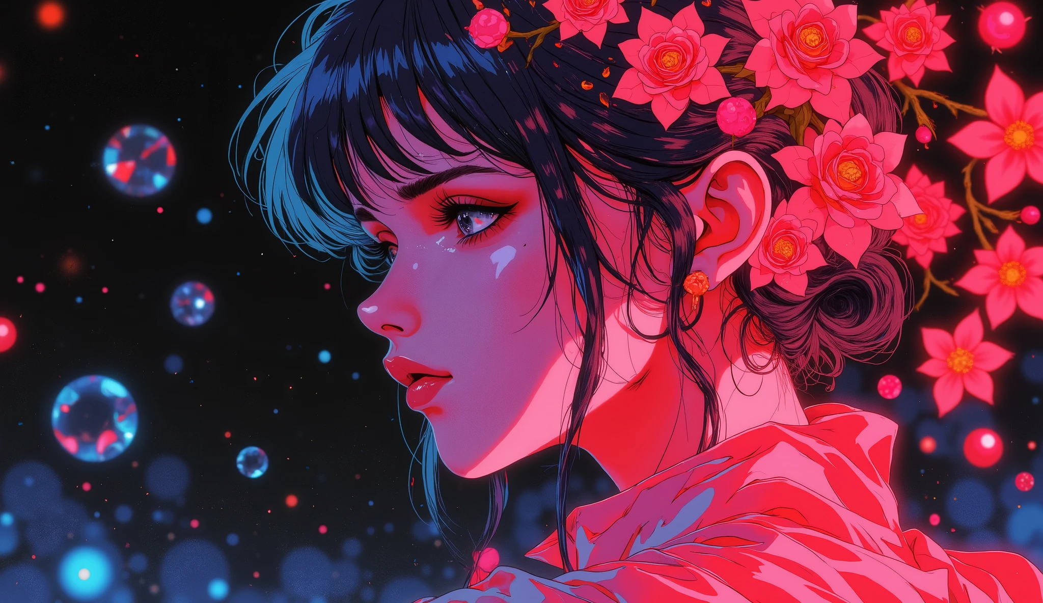 high quality, 8K ultra HD, Una hermosa MUJER DE NOCHE double exposure que combina una silueta de mujer con unA diamantes, la rosa should serve as a backdrop, with its details incorporated into the woman , sharp lines, The background iS fuego, sharp focus, double exposure, By Yukisakura, stunning full color, anime