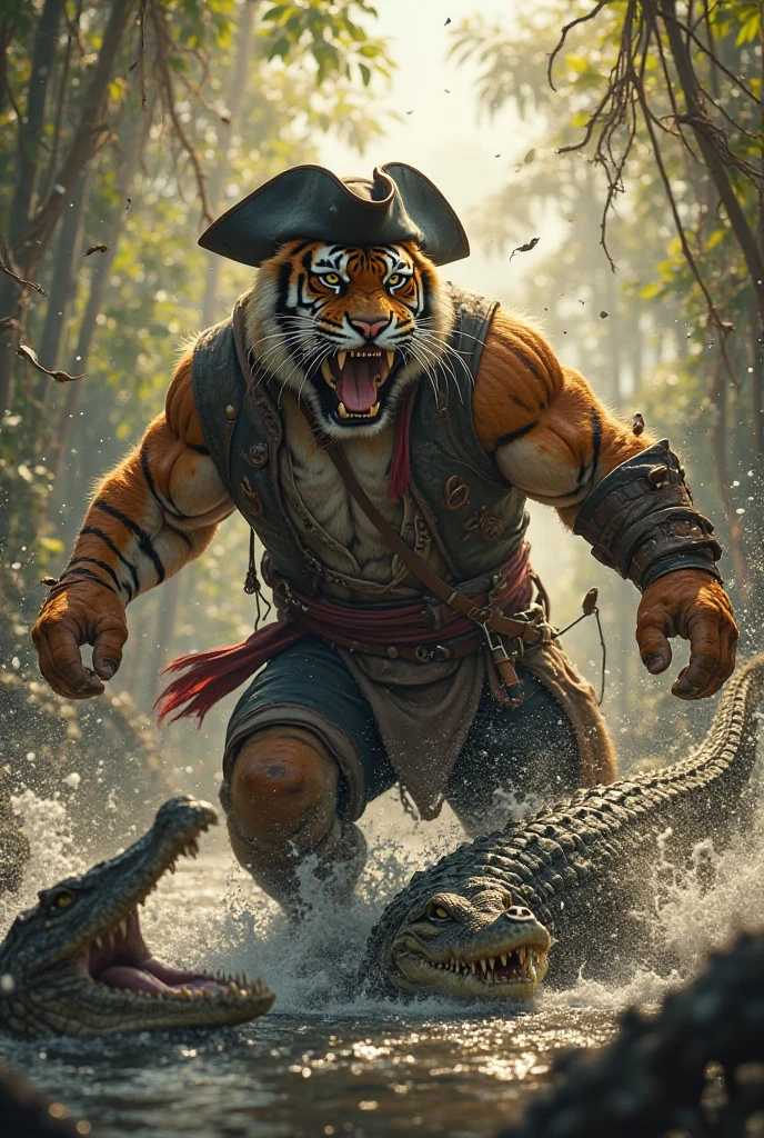 pirate, tiger, pirate flag, Animal Anthropomorphism, realistic digital, humanoid, abstract background, global illumination, intricate, epic, dramatic, masterpiece, high detail, best quality, ultra high res
